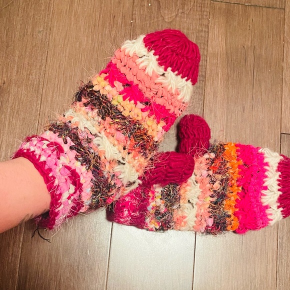 Boho Silk and Fabric Crocheted Fleece Mittens - Picture 2 of 8